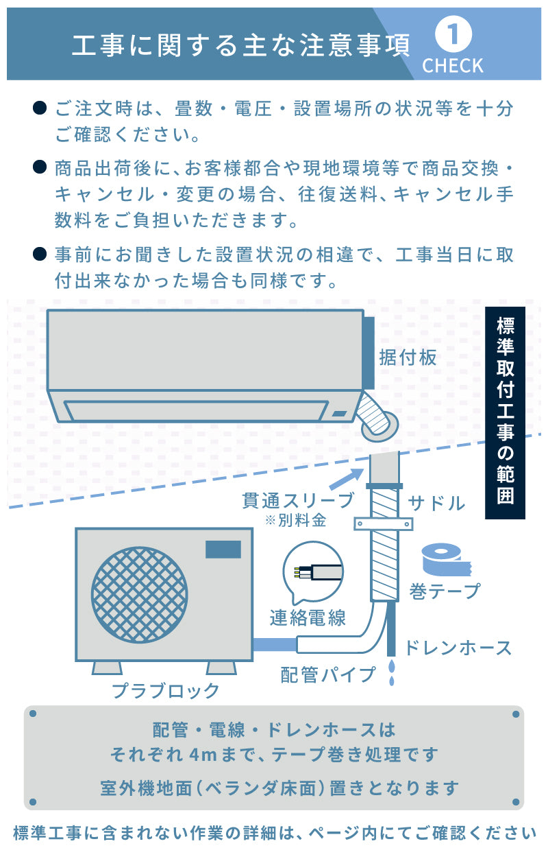 国内メーカー 18畳用 エアコン 注意事項 工事セット